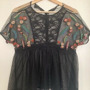 Zara embroidered black sheer floral top